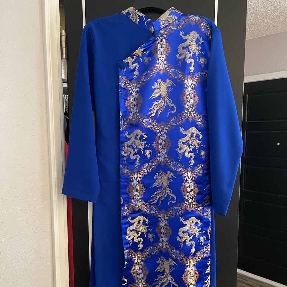 Vietnamese Modernized Men Ao Dai in Blue and Gold, Pre-made Size
